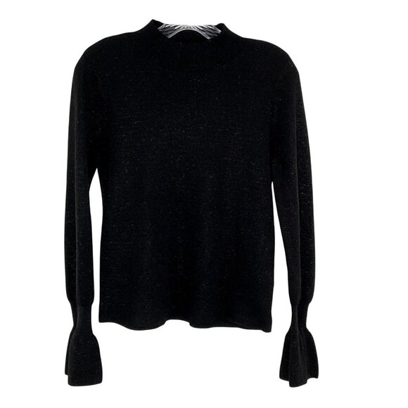 H&M Top Women‎ S Shimmer Black Bell Sleeve Mock Neck Knit Whimsigoth Dark Goth - Picture 1 of 14